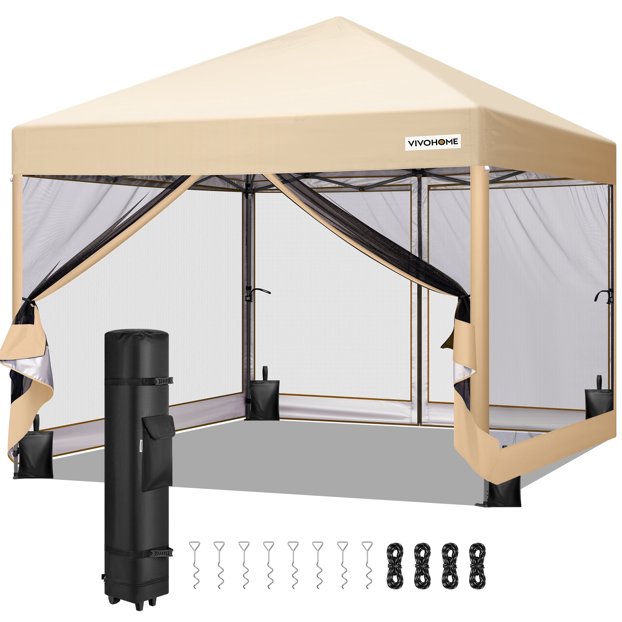 SPECSTAR 10'x 10' Easy Pop-Up Canopy with Mesh Netting, Instant Outdoor Screened tent with Mosquito Netting, 2 Zipper Doors and Roller Bag for Yard Camping Picnic Party Events, Beige