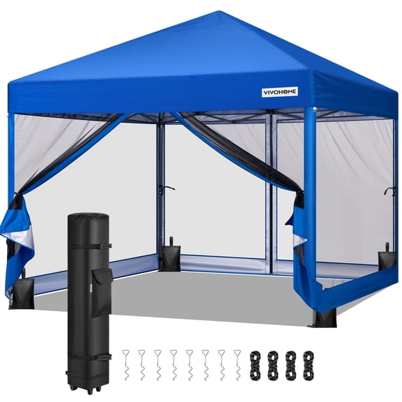 SPECSTAR 10'x 10' Easy Pop-Up Canopy with Mesh Netting, Instant Outdoor Screened tent with Mosquito Netting, 2 Zipper Doors and Roller Bag for Yard Camping Picnic Party Events, Blue