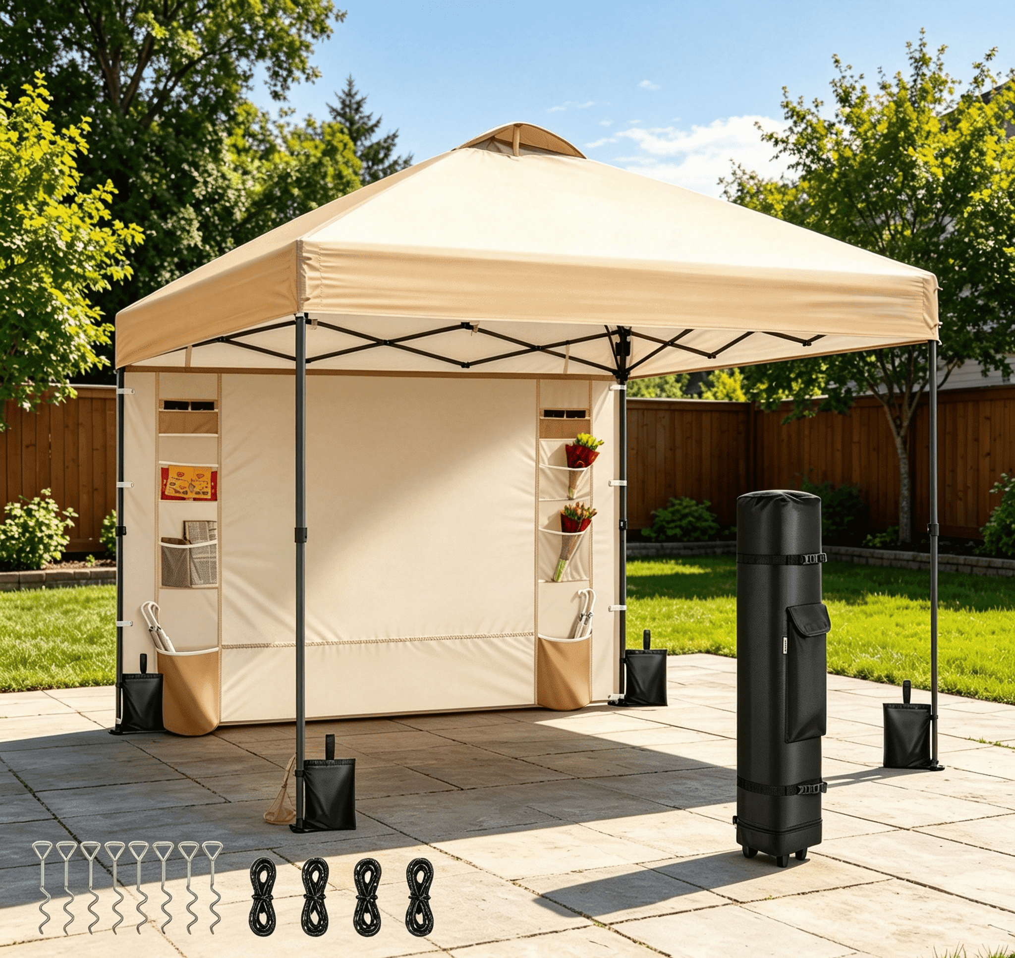 SPECSTAR 10'x10' Pop-up Canopy, One Push Set-up Tent with 1 Sidewall for outside, Beige