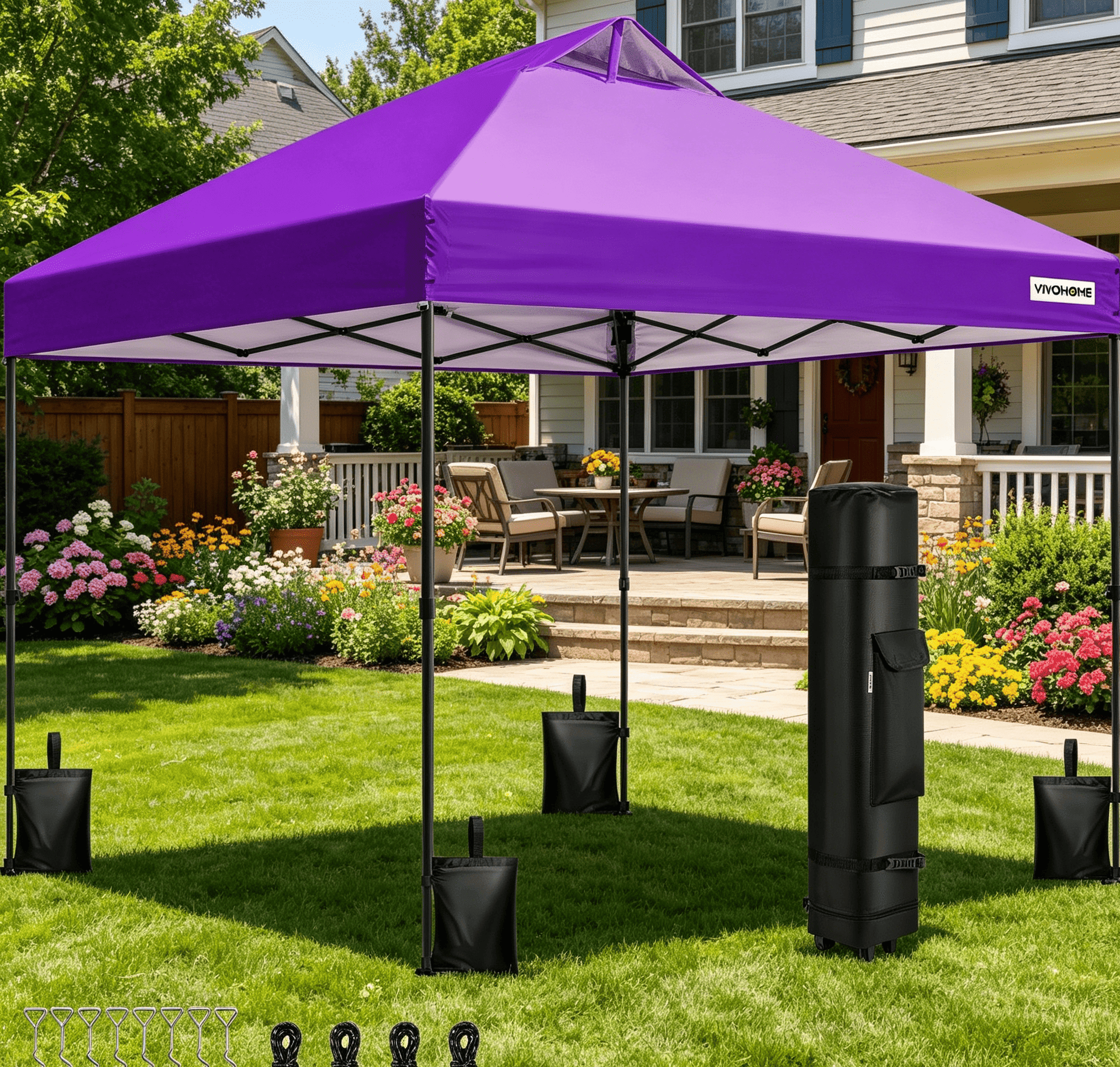 SPECSTAR 10' x10' Pop-up Canopy Tent One Push Setup Instant Tent with Center Lock, Wheel Carry Bag and 4 Sandbags for Events Parties, Purple