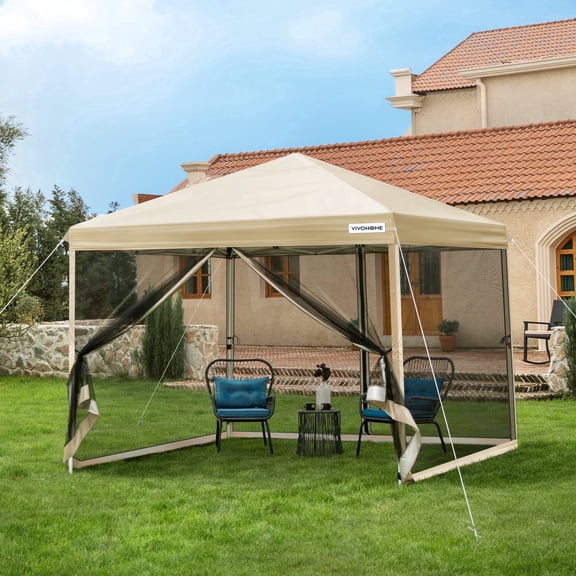 SPECSTAR 10'x 10' Easy Pop-up Canopy with Mesh Netting, Instant Outdoor Screened tent with Mosquito Netting, 2 Zipper Doors and Roller Bag for Yard Camping Picnic Party Events, Beige
