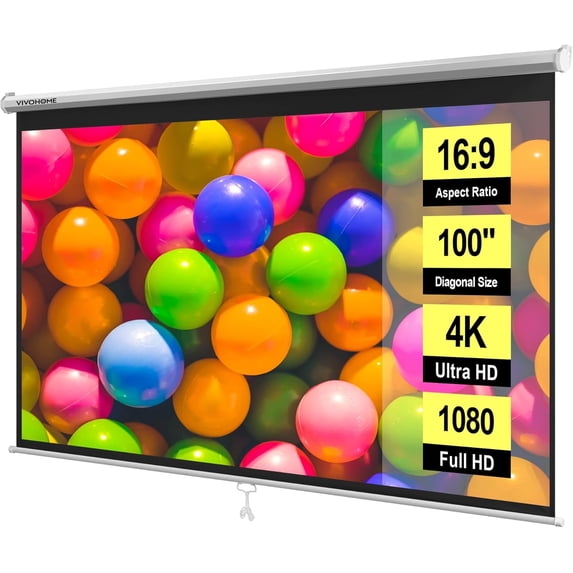 SPECSTAR 100 inch Manual Pull Down Projector Screen, 16:9 HD Retractable Projector Screens with Auto Locking for Movie Home Theater Cinema Office Video Game, White(87W x 49H Inch Display Area)