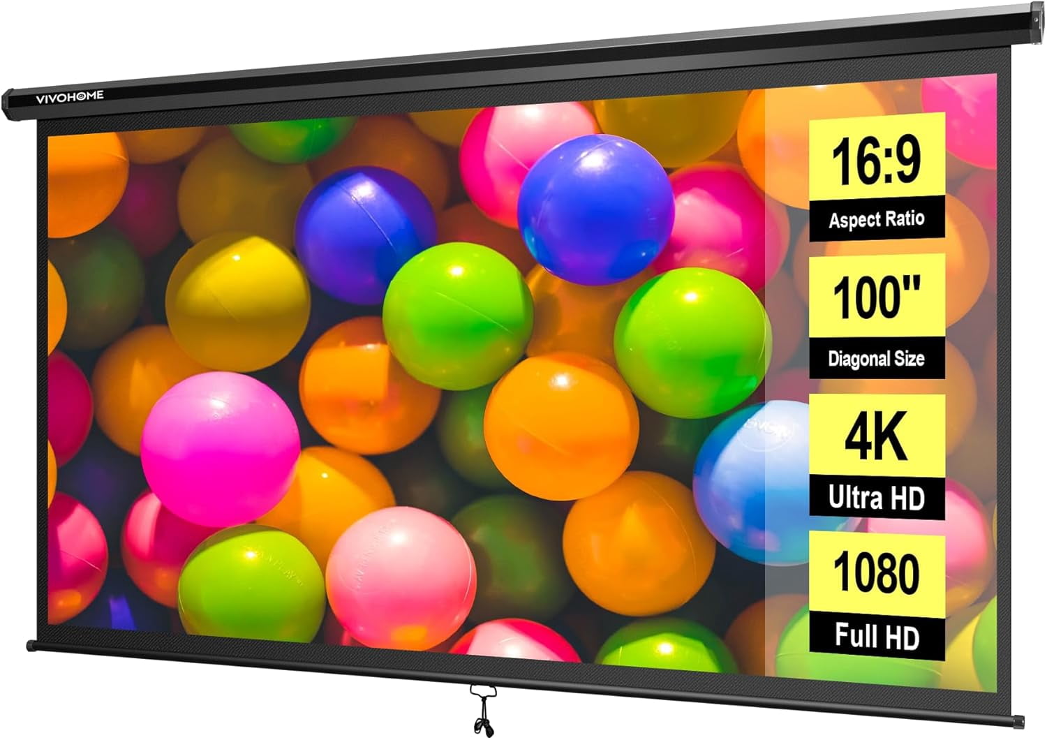 SPECSTAR 100 inch Manual Pull Down Projector Screen, 16:9 HD Retractable Projector Screens with Auto Locking for Movie Home Theater Cinema Office Video Game, Black(87W x 49H Inch Display Area)