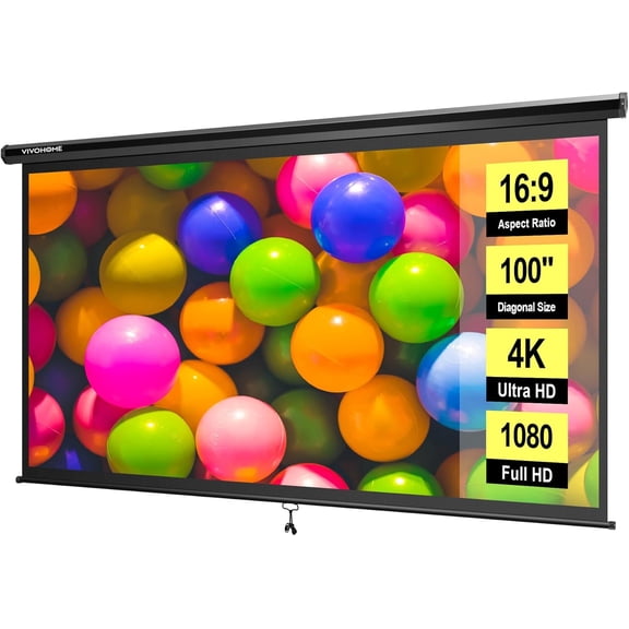 SPECSTAR 100 inch Manual Pull Down Projector Screen, 16:9 HD Retractable Projector Screens with Auto Locking for Movie Home Theater Cinema Office Video Game, Black(87W x 49H Inch Display Area)