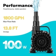 SPECSTAR 100W 1800GPH Submersible Water Pump with 180  Adjustable Water Outlet, 13.8ft High Lift for Waterfall Fountains Fish Tank Pond