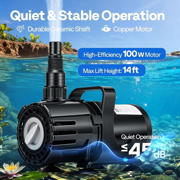 SPECSTAR 100W Submersible Water Pump, 700-1800GPH Stepless Adjustable Flow with 14ft Max Lift, 180° Adjustable Nozzle & Barrier Bag for Pond, Aquarium, Fountain and Waterfall