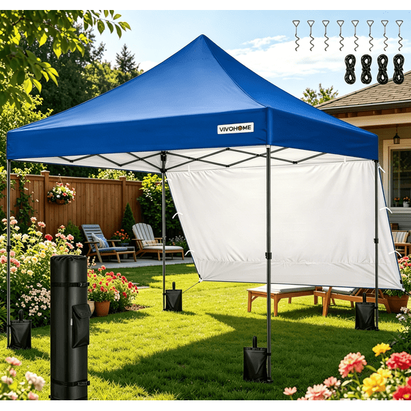 SPECSTAR 10x10 Heavy Duty Pop Up Outdoor Canopy Tent with Center Lock, Commercial Instant Waterproof Canopy Tent with 1 Side Wall Setup Easy for Events Parties Camping, Blue