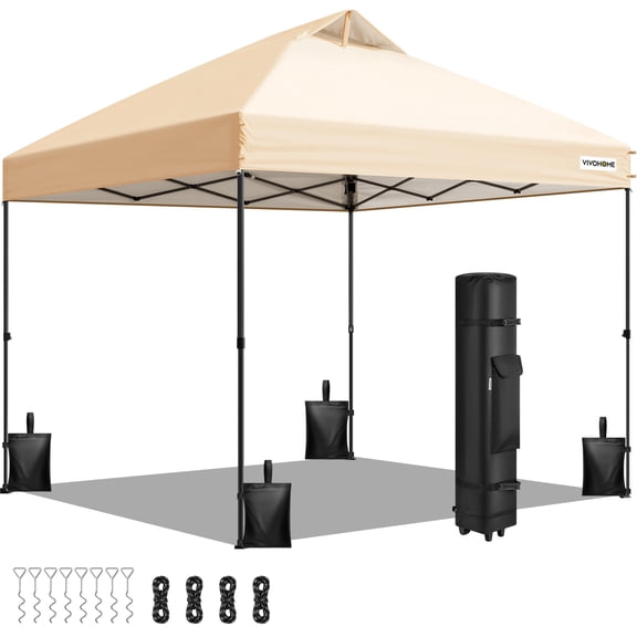 SPECSTAR 10' x10' Pop-up Canopy Tent One Push Setup Instant Tent with Center Lock, Wheel Carry Bag and 4 Sandbags for Events Parties, Beige