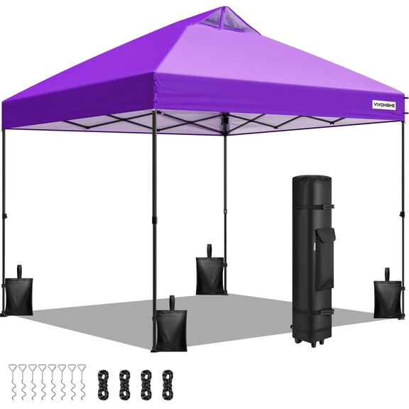 SPECSTAR 10' x10' Pop-up Canopy Tent One Push Setup Instant Tent with Center Lock, Wheel Carry Bag and 4 Sandbags for Events Parties, Purple