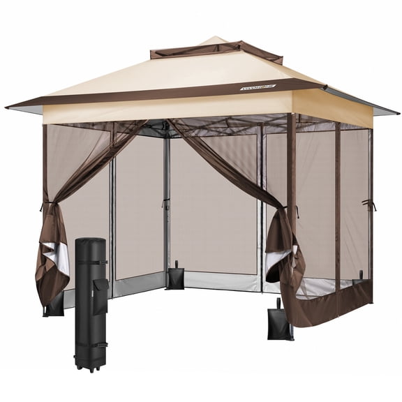 SPECSTAR Pop Up Gazebo 11x11ft Outdoor Canopy Tent with Mosquito Netting, 2 Tiers Roof and Center Lock for Patio Garden Backyard, Beige