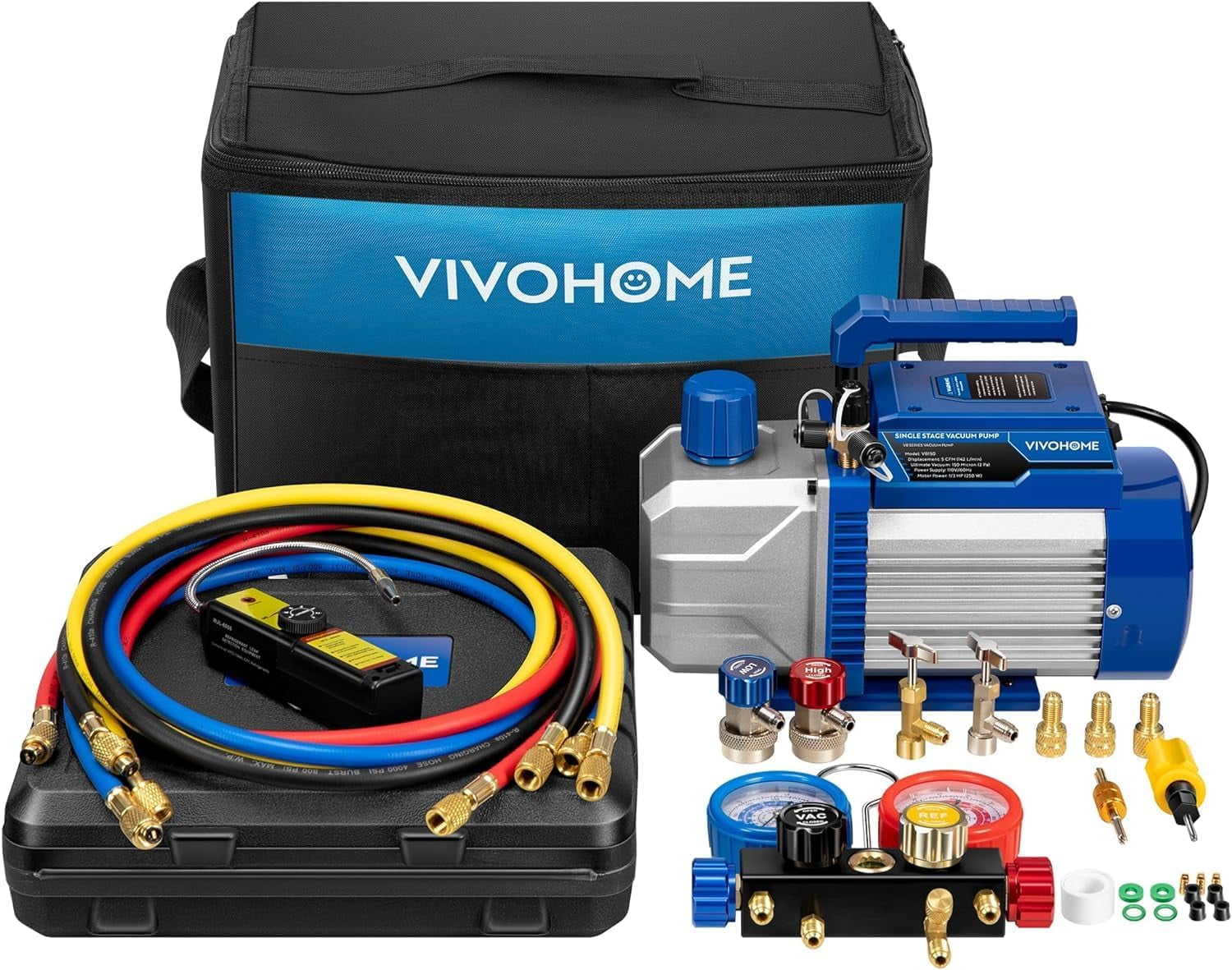 SPECSTAR 110V 1/2 HP 5CFM 2 Stage HVAC Vacuum Pump and 4 Way AC Manifold Gauge Set Kit with Leak Detector 5ft Hoses for R134a R12 R22 R502 R410a Auto Air Conditioning Refrigeration Recharging