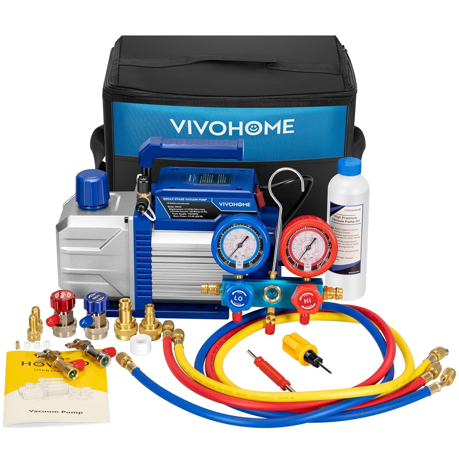 SPECSTAR 110V 1/3 HP 4.5CFM Single Stage A/C Vacuum Pump and AC Manifold Gauge Kit, Sparkless Motor for R32 R1234yf R134a R22 R410a Systems, HVAC Air Conditioning Refrigeration Recharging