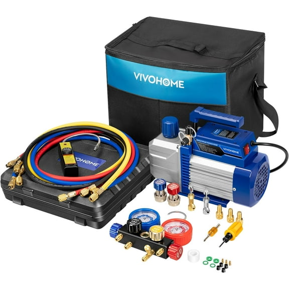 SPECSTAR 110V 1/3 HP 4.5CFM Single Stage HVAC Vacuum Pump and 4 Way AC Manifold Gauge Set Kit with Leak Detector 5ft Hoses for R134a R12 R22 R502 R410a Air Conditioning Refrigeration Recharging