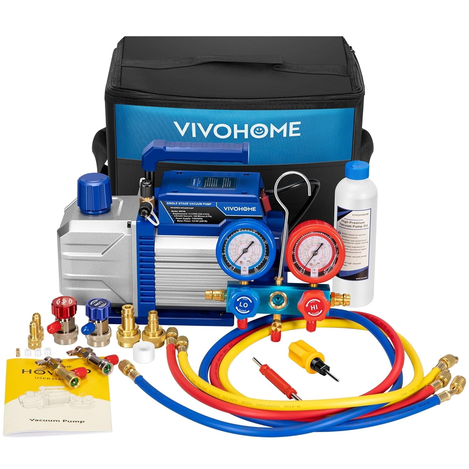 SPECSTAR 110V 1/3 HP 4.5CFM Single Stage HVAC Vacuum Pump and AC Manifold Gauge Set Kit,Blue