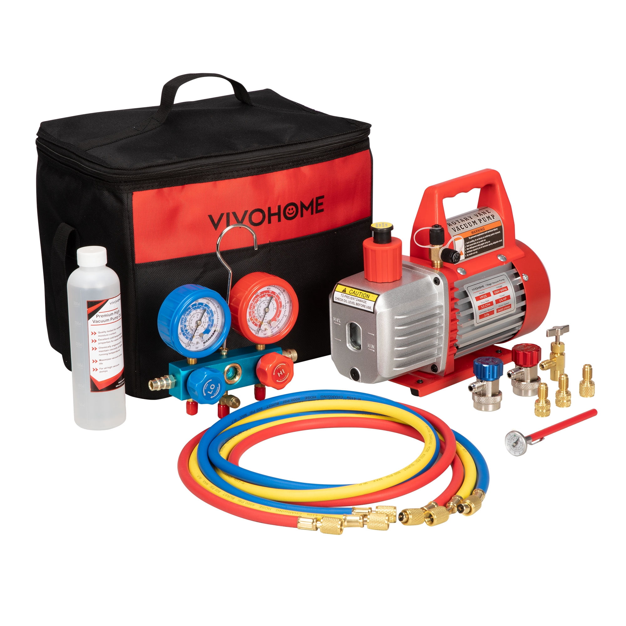 SPECSTAR 110V 1/3 HP 4CFM Single Stage Rotary Vane Air Vacuum Pump and AC Manifold Gauge Set Kit with Leak Detector for R134a R12 R22 R502 R410a HVAC Air Conditioning Refrigeration Recharging, Red