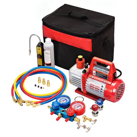 SPECSTAR 110V 1/3 HP 4CFM Single Stage Rotary Vane Air Vacuum Pump and R134a AC Manifold Gauge Set Kit for HVAC Air Conditioning Refrigeration Recharging, Red