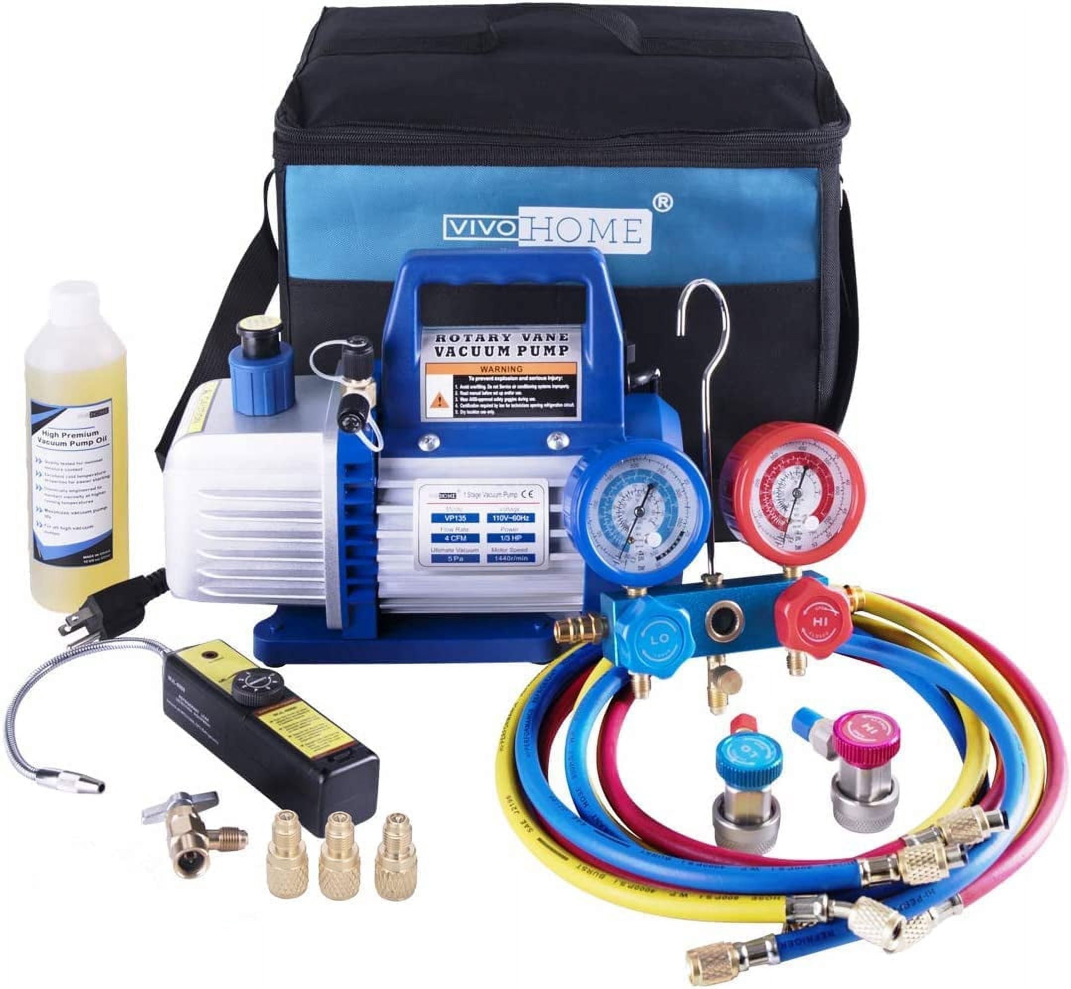 SPECSTAR 110V 1/3 HP 4CFM Single Stage Vacuum Pump and R134a AC Manifold Gauge Set Kit with Leak Detector Carry Bag for HVAC Air Conditioning Refrigeration Recharging ETL Listed