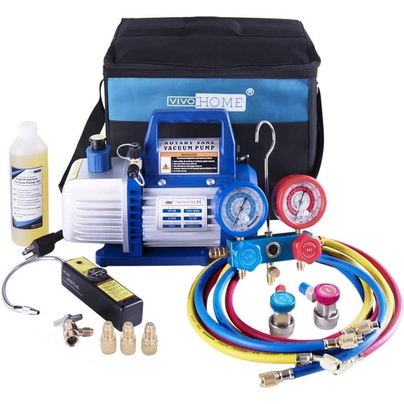 SPECSTAR 110V 1/3 HP 4CFM Single Stage Vacuum Pump and R134a AC Manifold Gauge Set Kit with Leak Detector Carry Bag for HVAC Air Conditioning Refrigeration Recharging ETL Listed