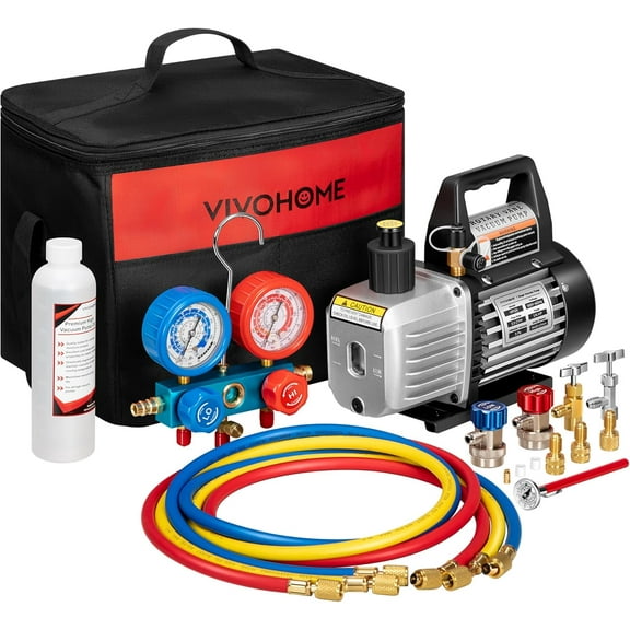 SPECSTAR 110V 1/4 HP 3.5CFM Single Stage Rotary Vane Air Vacuum Pump and AC Manifold Gauge Set Kit with Thermometer for R134a R12 R22 R502 R410a HVAC Air Conditioning Refrigeration Recharging, Black