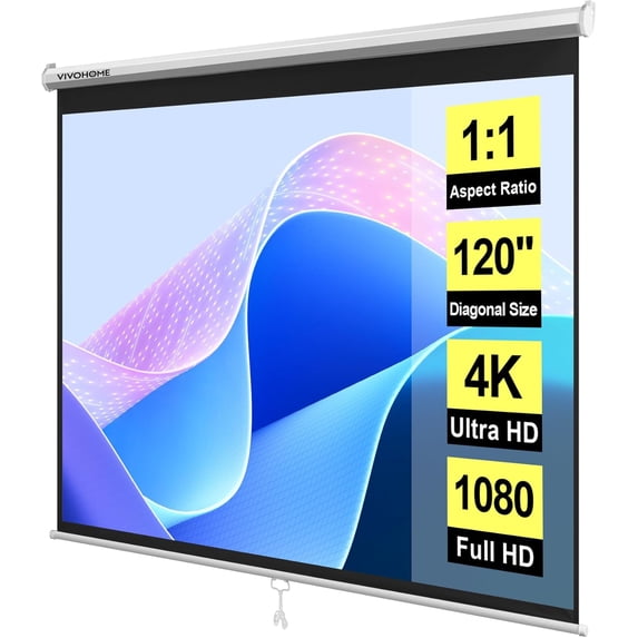 SPECSTAR 120 inch Manual Pull Down Projector Screen, 1:1 HD Retractable Projector Screens with Auto Locking for Movie Home Theater Cinema Office Video Game, White(84Wx84H Inch Display Area)