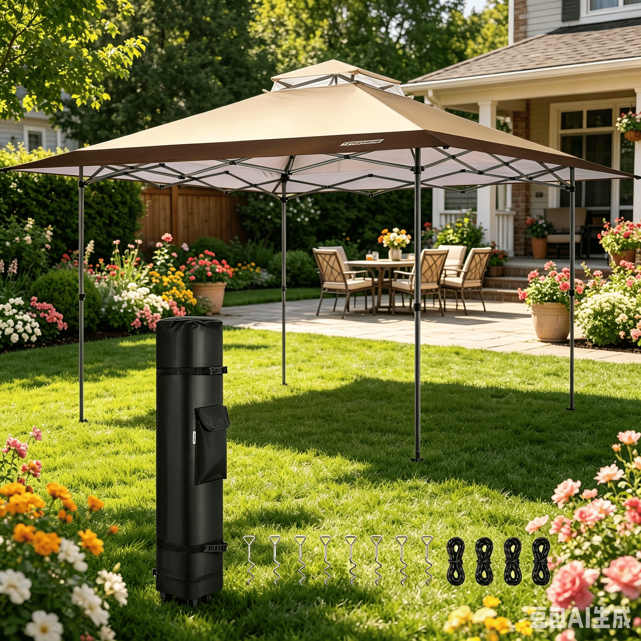 SPECSTAR 13x13ft Pop Up Gazebo One Push Setup Outdoor Canopy Tent Heavy Duty with Wheel Carry Bag, Center Lock and 4 Sandbags, 169 Square Feet of Shade, Beige
