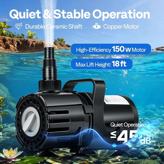 SPECSTAR 150W Submersible Water Pump, 900-2400GPH Stepless Adjustable Flow with 18ft Max Lift, 180° Swivel Nozzle & Filter Bag for Pond, Aquarium, Fountain, Waterfall