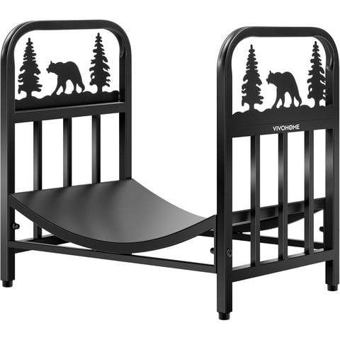 SPECSTAR 16.5 in Decorative Firewood Storage Log Rack with Bear Pattern, Solid Wrought Iron Fireplace Wood Holder Stacker, Indoor Outdoor Waterproof Rustproof