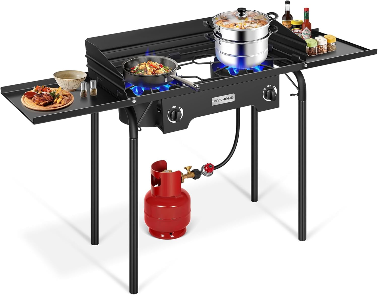 SPECSTAR 2 Burner Outdoor Propane Stove, Heavy Duty Gas Stove with 2 Side Panels and Windscreen, 150,000 BTU Camping Stove for Backyard Barbecues