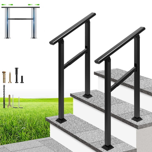 SPECSTAR 2-Pack Adjustable Outdoor Handrails, 2 Steps Galvanized Steel Railing with Oval Armrests, Hand Railing for Porch, Deck, or Indoor Stairs