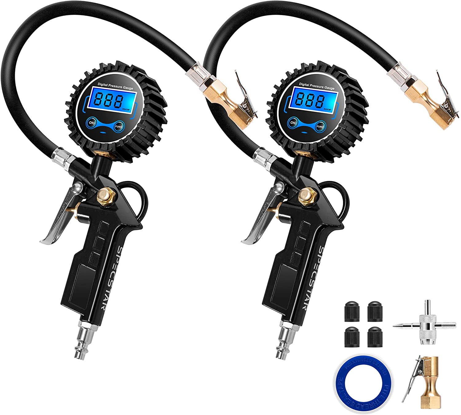 SPECSTAR 2 Pack Digital Tire Inflator with Pressure Gauge, Night Available 250 PSI Air Chuck and Compressor Accessories with Rubber Hose and Quick Connect Attachment for 0.1 Display Resolution