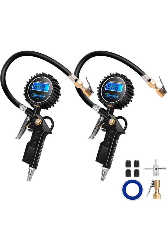 2 Pack Digital Tire Inflator with Pressure Gauge, Night Available 250 PSI Air Chuck and Compressor Accessories with Rubber Hose and Quick Connect Attachment for 0.1 Display Resolution