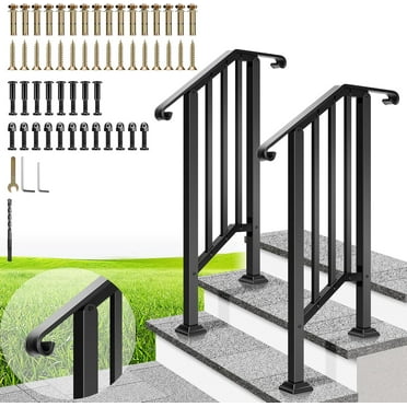 SPECSTAR 2-Pack Hand Rails for Outdoor Steps, 2-3 Steps Wrought Iron Railing Kit, Curved Ends and Safty Balusters Exterior Hand Railing