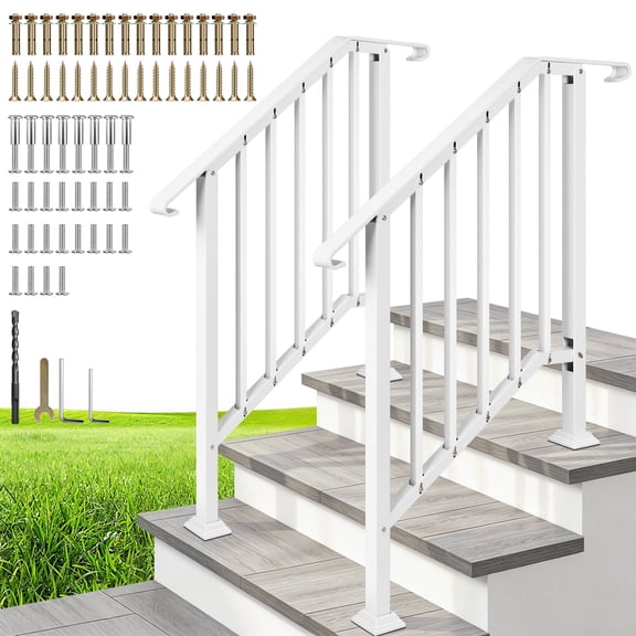 SPECSTAR 2-Pack Hand Rails for Outdoor Steps, 3 Steps Galvanized Steel Railing Kit, Curved Ends and Safty Balusters Exterior Hand Railing,White