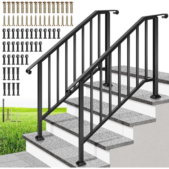 SPECSTAR 2-Pack Hand Rails for Outdoor Steps, 4 Step Galvanized Steel Railing Kit, Curved Ends and Safty Balusters Exterior Hand Railing