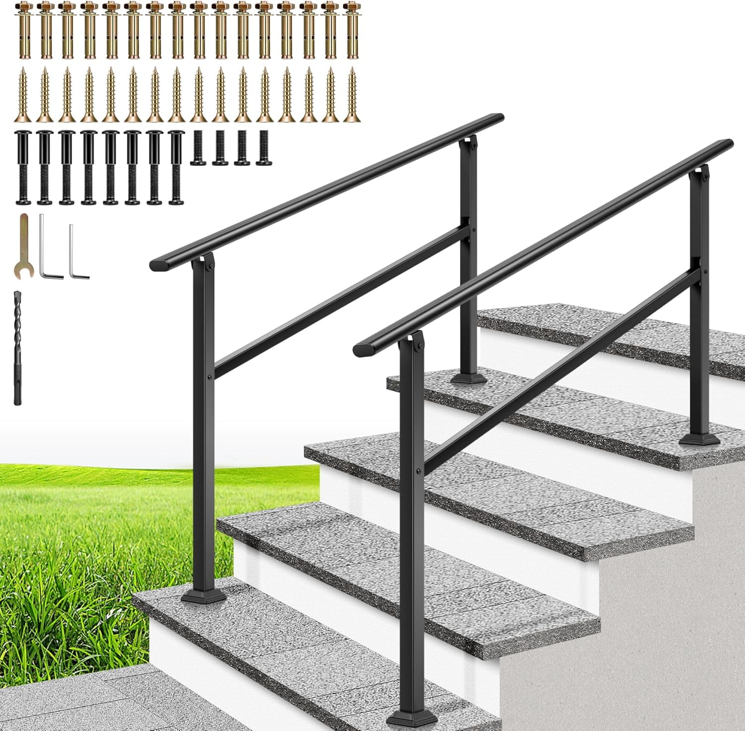 SPECSTAR 2-Pack Hand Rails for Outdoor Steps, 4-5 Steps Wrought Iron Railing, for Porch, Deck, or Indoor Stairs,  Railing Kit