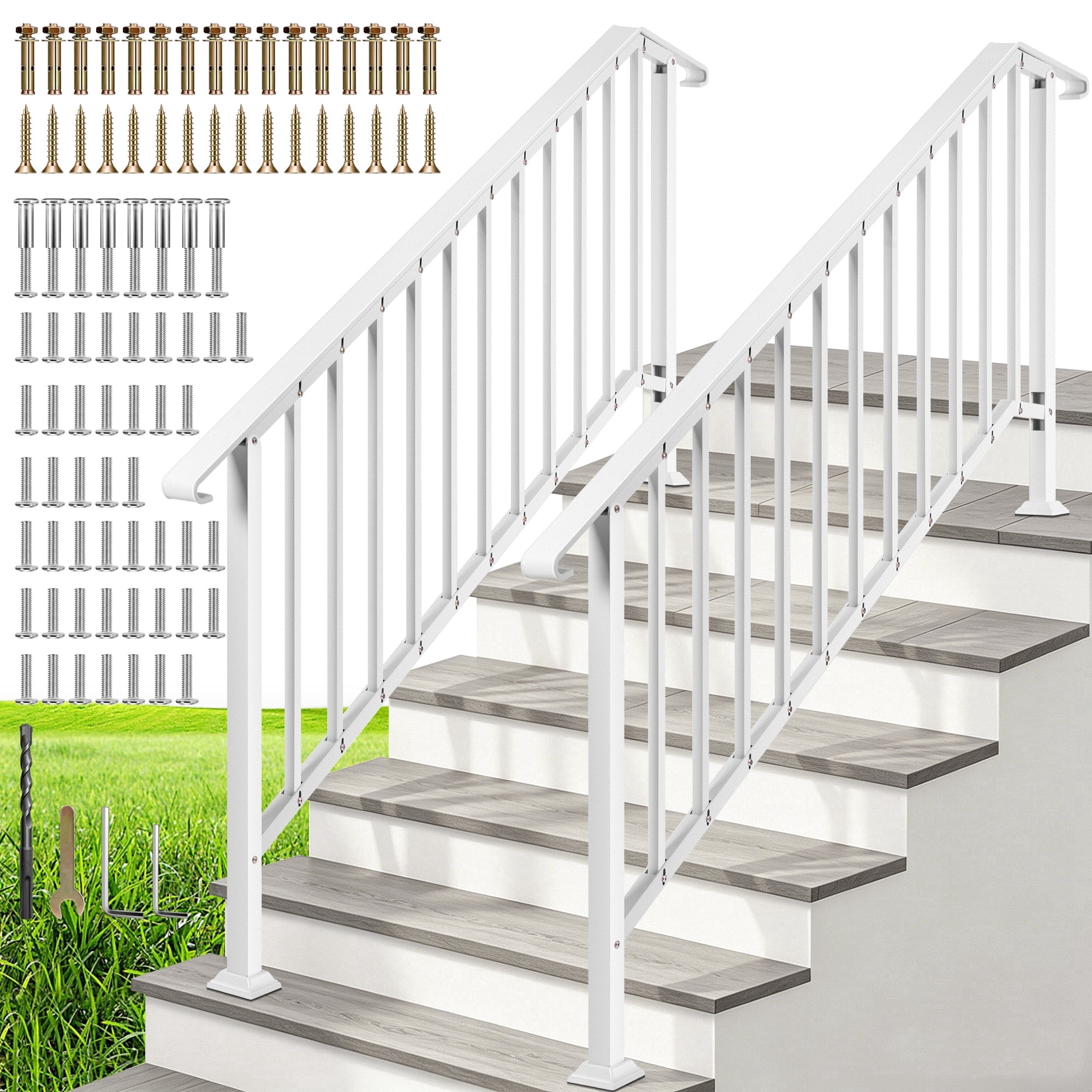SPECSTAR Hand Rails for Outdoor Steps, 6 Steps, Steel, White, 2pk ...