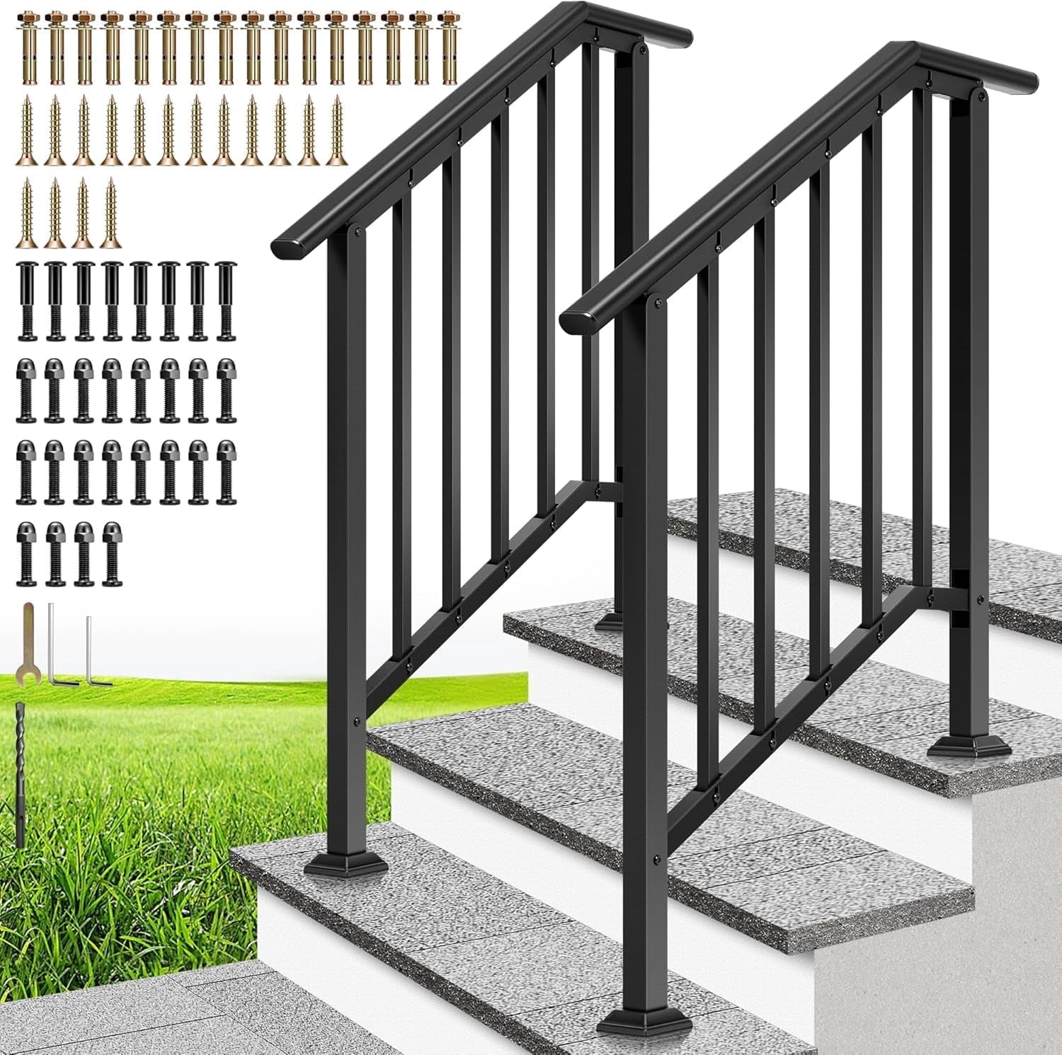 SPECSTAR 2-Pack Outdoor Handrails, 3-Step Galvanized Steel Hand Rails for Outdoor Steps – 27.1" Black Oval and Safety Balusters Exterior Railing Kit for Porch, Deck, or Indoor Stairs