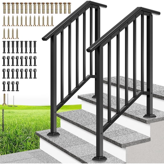 SPECSTAR 2-Pack Outdoor Handrails, 3-Step Galvanized Steel Hand Rails for Outdoor Steps 27.1" Black Oval and Safety Balusters Exterior Railing Kit for Porch, Deck, or Indoor Stairs