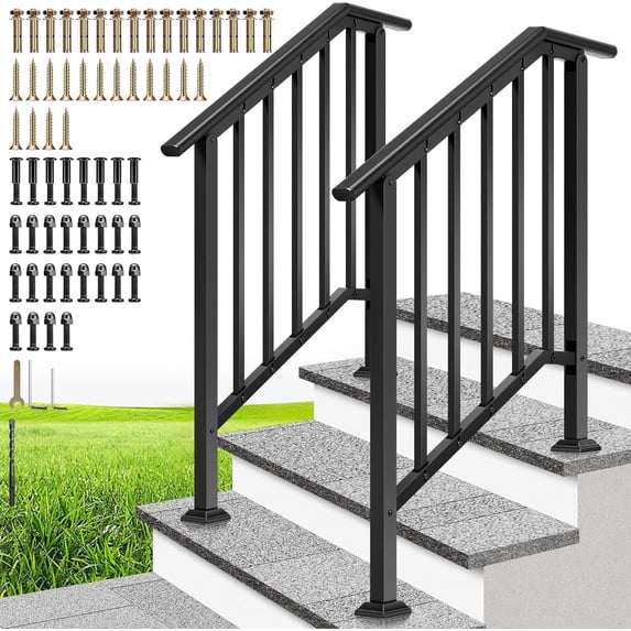 SPECSTAR 2-Pack Outdoor Handrails, 3-Step Galvanized Steel Hand Rails for Outdoor Steps – 27.1" Black Oval and Safety Balusters Exterior Railing Kit for Porch, Deck, or Indoor Stairs