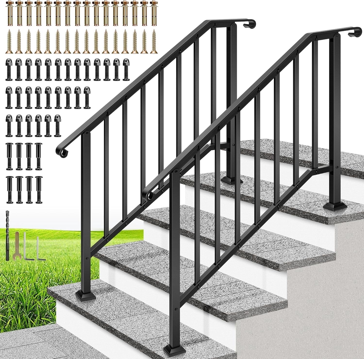 SPECSTAR 2-Pack Outdoor Handrails, 4-5 Step Galvanized Steel Railing Kit, Curved Ends and Safty Balusters Exterior Hand Railing