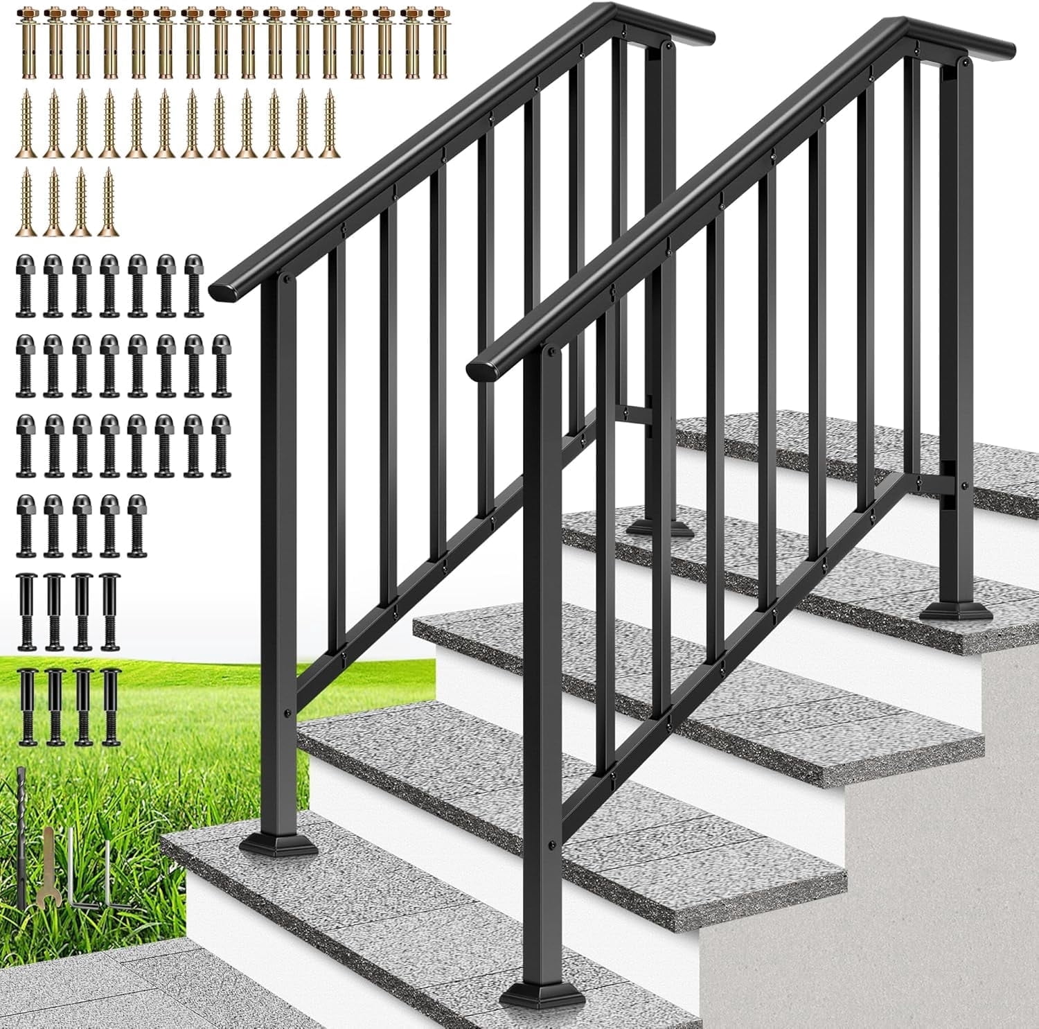 SPECSTAR 2-Pack Outdoor Handrails, 4-Step Galvanized Steel Hand Rails for Outdoor Steps – 27.1" Black Oval and Safety Balusters Exterior Railing Kit for Porch, Deck, or Indoor Stairs