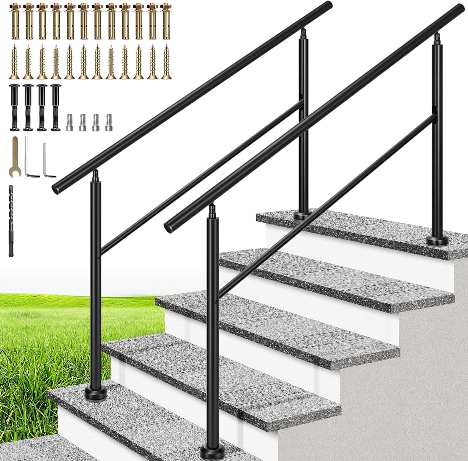 SPECSTAR 2-Pack Outdoor Handrails, 5-6 Steps Galvanized Steel Railing, Hand Railing for Porch, Deck, or Indoor Stairs, Black