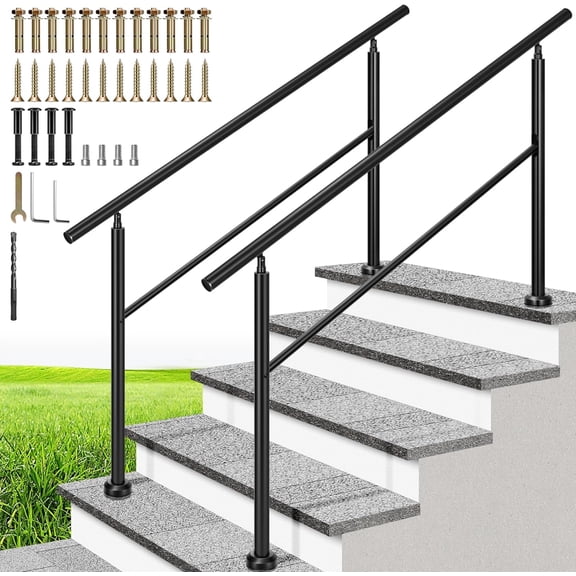 SPECSTAR 2-Pack Outdoor Handrails, 5-6 Steps Galvanized Steel Railing, Hand Railing for Porch, Deck, or Indoor Stairs, Black