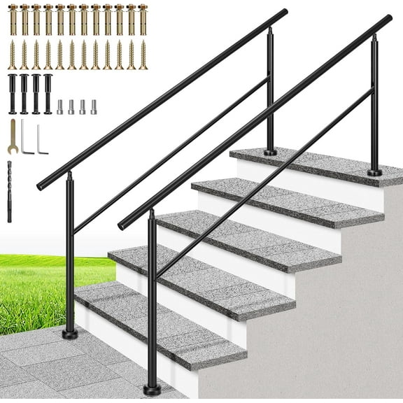 SPECSTAR 2-Pack Outdoor Handrails, 6-7 Steps Galvanized Steel Railing, Black Round Exterior Hand Railing for Porch, Deck, or Indoor Stairs