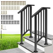 SPECSTAR 2-Pack Wrought Iron Hand Rails for Outdoor Steps – 13.5" Black Oval and Safety Balusters Exterior Railing Kit for Porch, Deck, or Indoor Stairs (2-Step, Black)