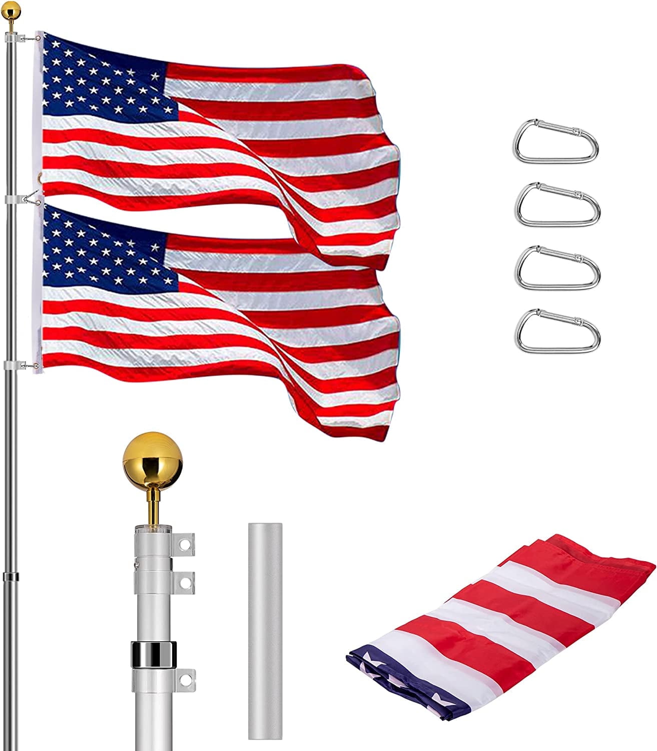 SPECSTAR 20FT Telescoping Flag Pole, with 3x5 Polyester American Flag and Golden Ball, Silver