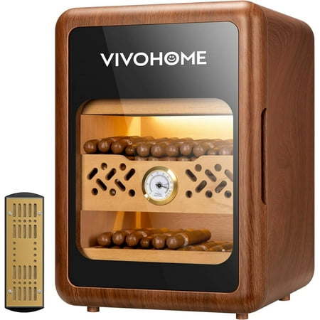 SPECSTAR 21L Cigar Humidor Box, Desktop Cigar Humidor Cabinet with Light for 200 Cigars, Spanish Cedar Wood Inner Shelves and Drawer, Accurate Hygrometer, Humidifier, Father's Day Gift for Men Brown