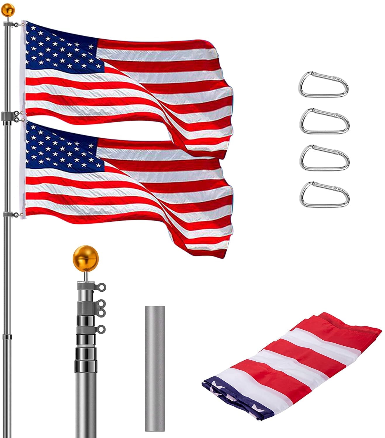 SPECSTAR 25FT Telescoping Flag Pole with 3x5 Polyester American Flag and Golden Ball