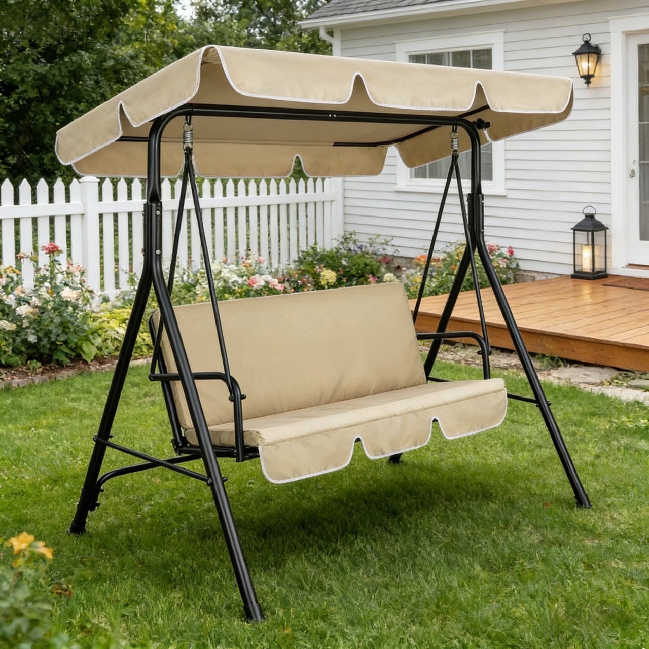 SPECSTAR 3 Seats Patio Porch Swing Chair, Converting Canopy,Removable Cushion,Cushioned Steel Frame Porch Canopy Swing Chair for Patio Garden,Beige