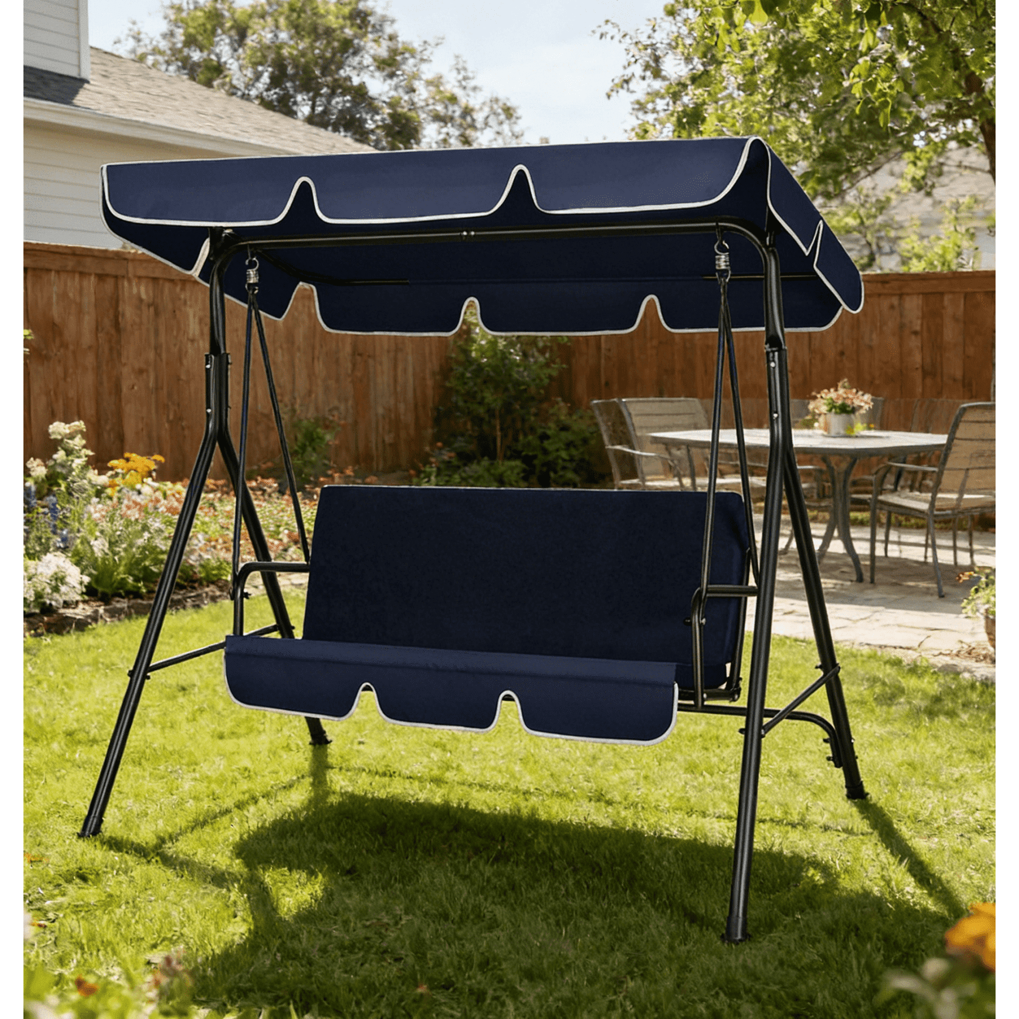 SPECSTAR 3 Seats Patio Porch Swing Chair, Converting Canopy,Removable Cushion,Cushioned Steel Frame Porch Canopy Swing Chair for Patio Garden,Blue